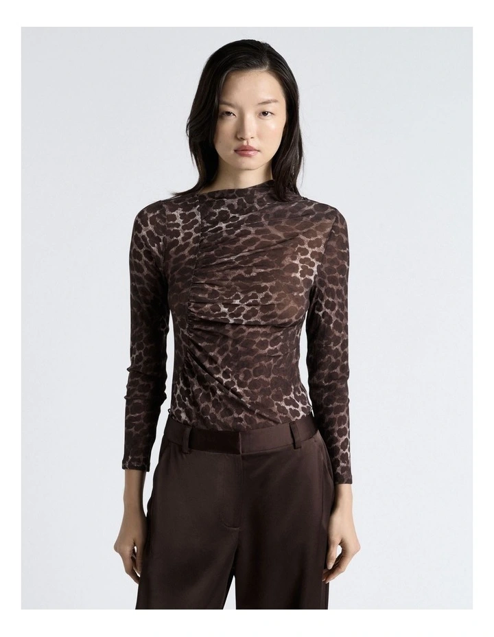 Leopard Ruched Mesh Long Sleeve Top in Brown image 1