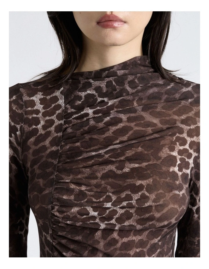 Leopard Ruched Mesh Long Sleeve Top in Brown image 4