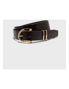 Croc Embossed Leather Boyfriend Belt in Chocolate