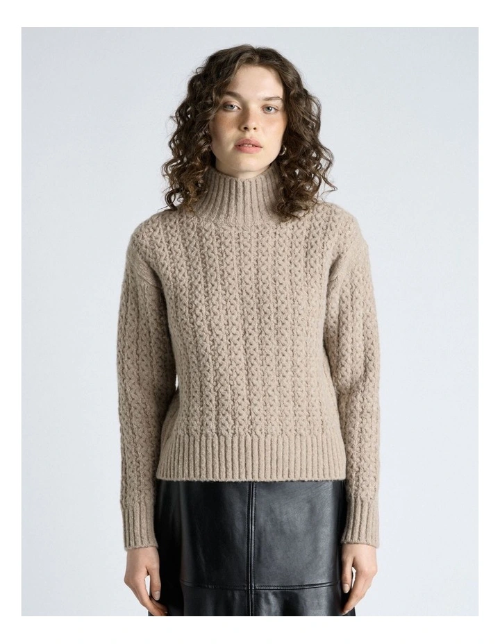Merino Alpaca Blend Cable Turtle Neck Knit in Oatmeal image 1