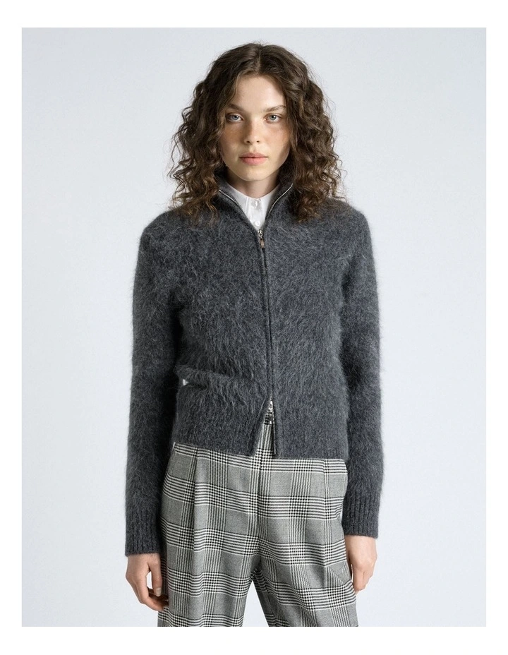 Brushed Alpaca Blend Knit Zip Jacket in Charcoal image 1