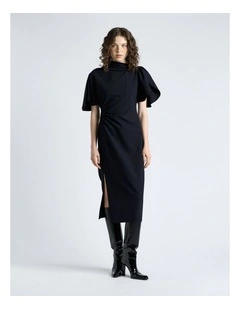 Crepe Draped Neck Midi Dress