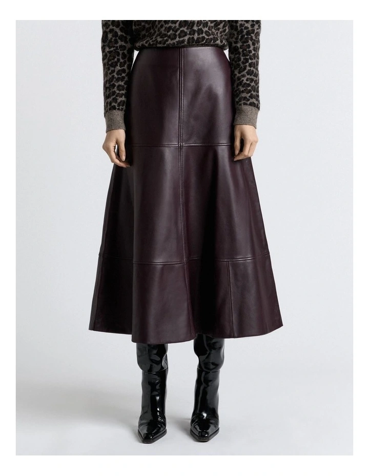 Leather Midi Skirt in Wine image 1