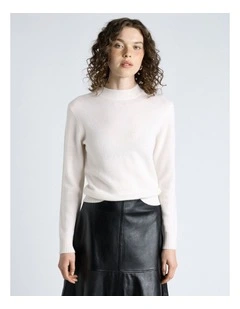 Merino Cashmere Blend Mock Neck Knit Jumper in Cream