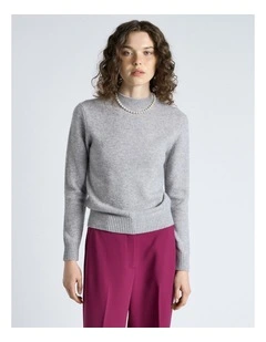Merino Cashmere Blend Mock Neck Knit in Light Grey Melange