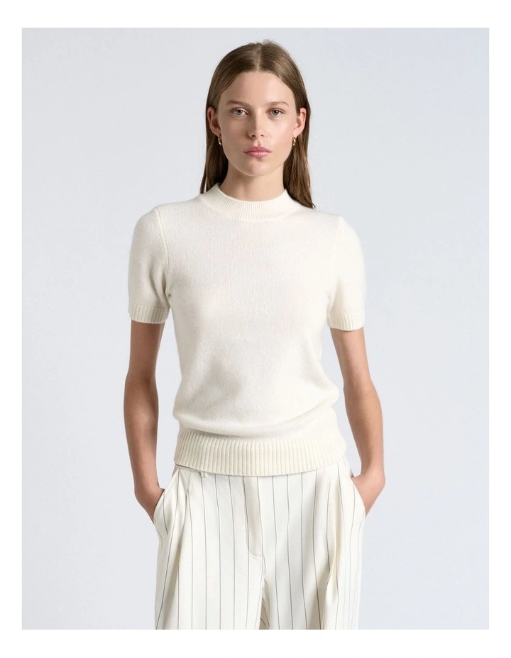 Merino Cashmere Blend Mock Neck Short Sleeve Knit in Cream image 1