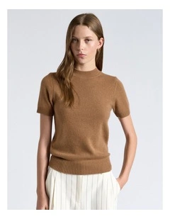 Merino Cashmere Blend Mock Neck Short Sleeve Knit Jumper in Camel