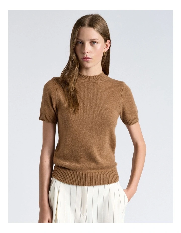 Merino Cashmere Blend Mock Neck Short Sleeve Knit Jumper in Camel image 1