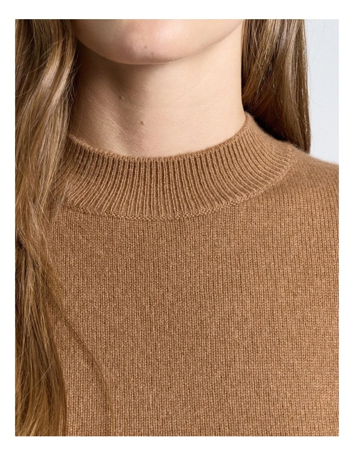 Merino Cashmere Blend Mock Neck Short Sleeve Knit Jumper in Camel image 4