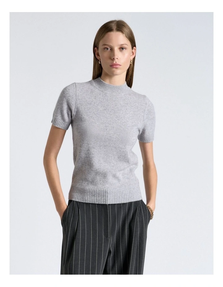 Merino Cashmere Blend Mock Neck Short Sleeve Knit Jumper in Light Grey Melange image 1