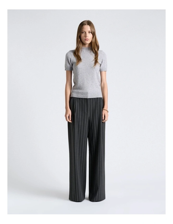 Merino Cashmere Blend Mock Neck Short Sleeve Knit Jumper in Light Grey Melange image 3