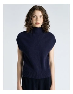 Wool Turtle Neck Cap Sleeve Knit in Ink