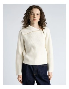 Merino Bias Zip Neck Knit in Cream