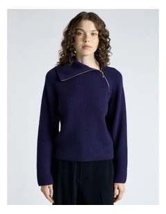 Merino Bias Zip Neck Knit Jumpers in Blue