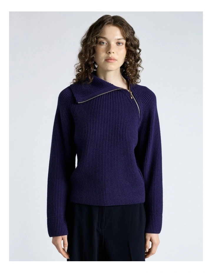 Merino Bias Zip Neck Knit Jumpers in Blue image 1