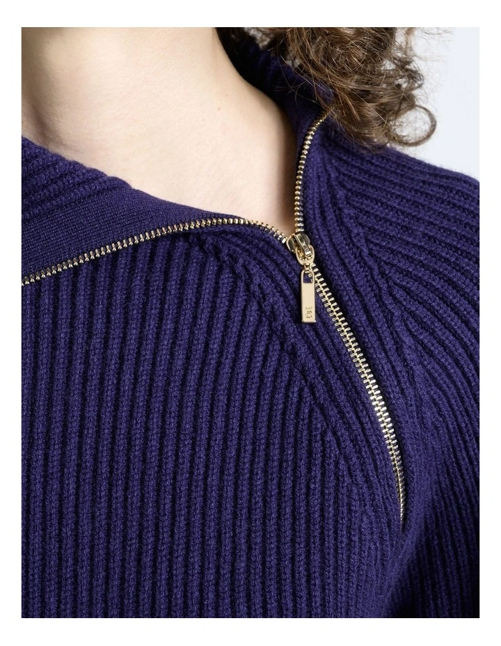 Merino Bias Zip Neck Knit Jumpers in Blue image 3