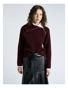 Merino Bias Zip Neck Knit in Wine
