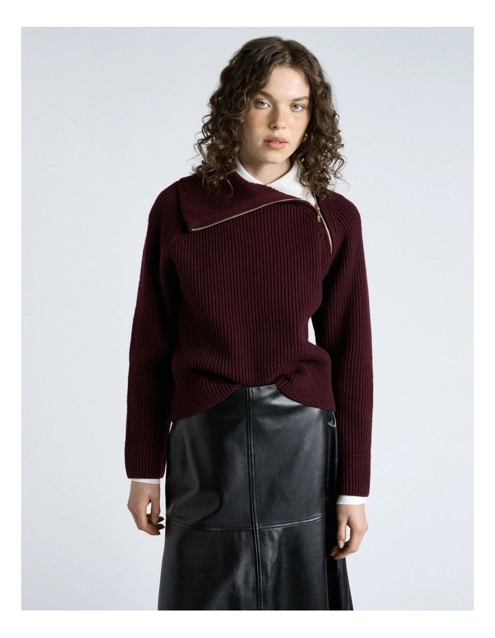 Merino Bias Zip Neck Knit in Wine image 1