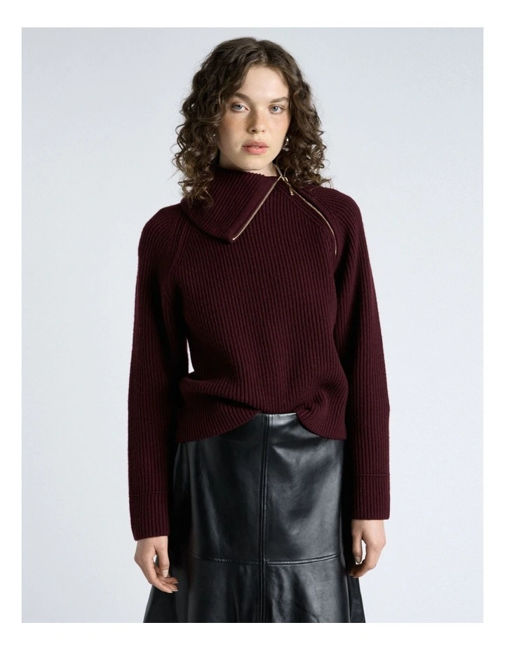 Merino Bias Zip Neck Knit in Wine image 3
