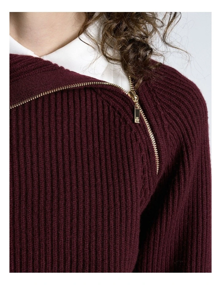 Merino Bias Zip Neck Knit in Wine image 4