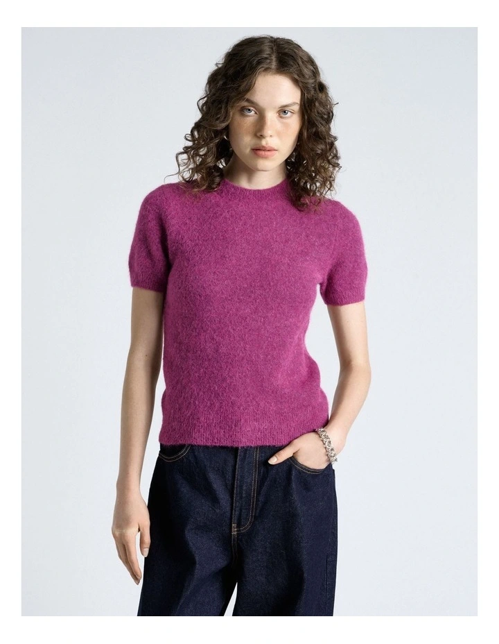 Brushed Alpaca Wool Blend Short Sleeve Tee in Magenta image 1