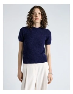 Brushed Alpaca Wool Blend Short Sleeve Tee in Blue