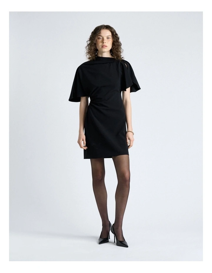 Crepe Draped Neck Mini Dress in Black image 1