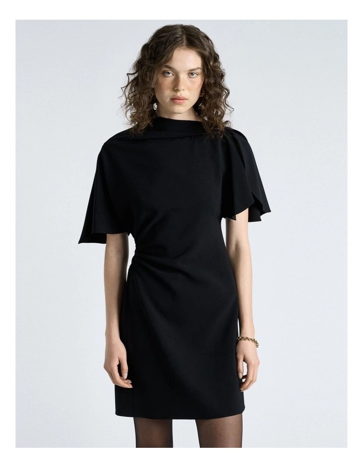 Crepe Draped Neck Mini Dress in Black image 4