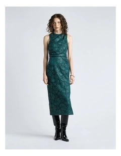 European Coated Lace Column Dress in Deep Green