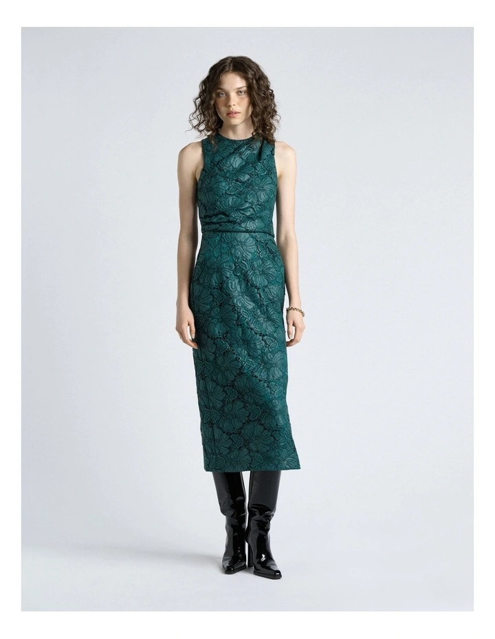 European Coated Lace Column Dress in Deep Green image 1