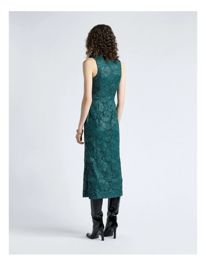 European Coated Lace Column Dress in Deep Green image 2