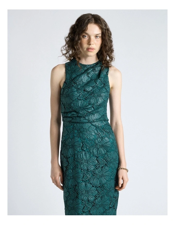 European Coated Lace Column Dress in Deep Green image 3