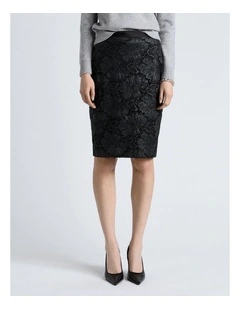 European Coated Lace Pencil Skirt in Black