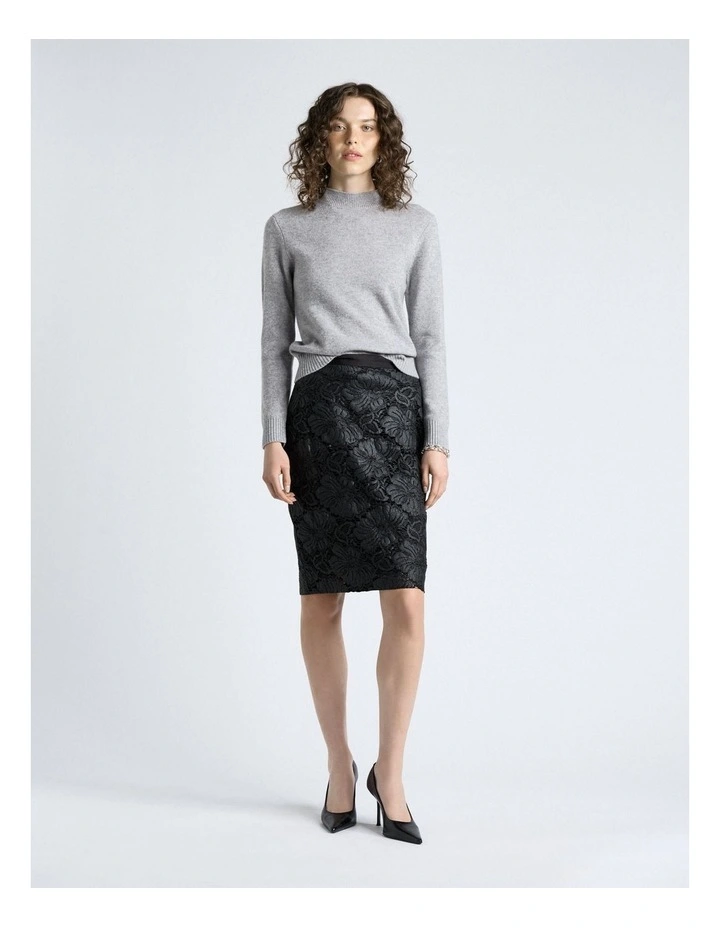 European Coated Lace Pencil Skirt in Black image 4