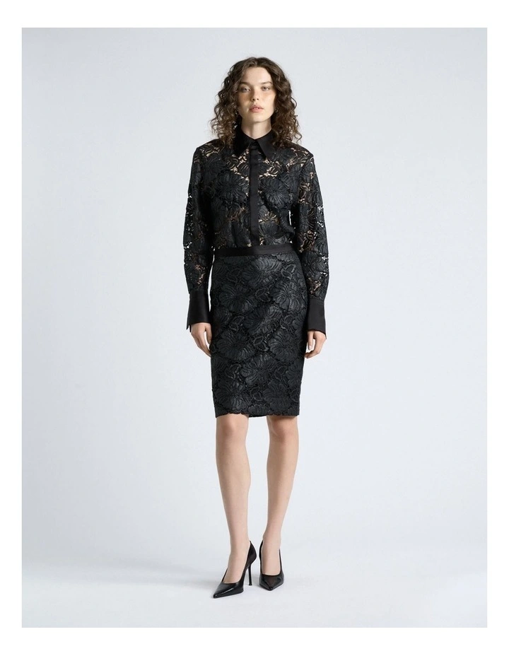 European Coated Lace Pencil Skirt in Black image 5