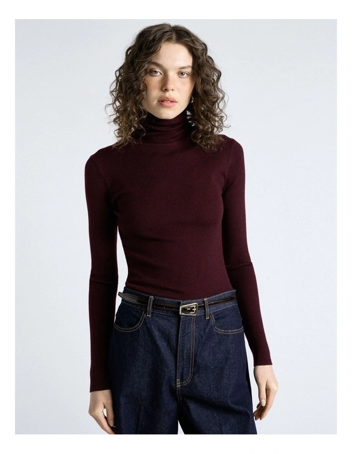 Merino Turtle Neck Ribbed Knit in Wine image 1