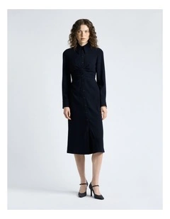 Dark Ink Crepe Ruched Shirt Dress