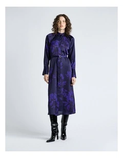 Dark Cobalt Brushwork Floral Gathered Midi Dress