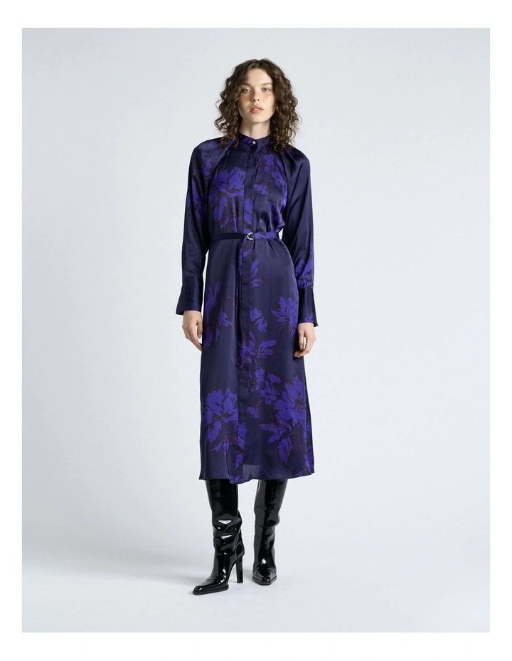 Dark Cobalt Brushwork Floral Gathered Midi Dress image 1