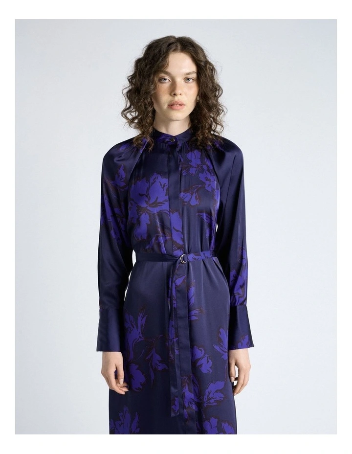 Dark Cobalt Brushwork Floral Gathered Midi Dress image 3
