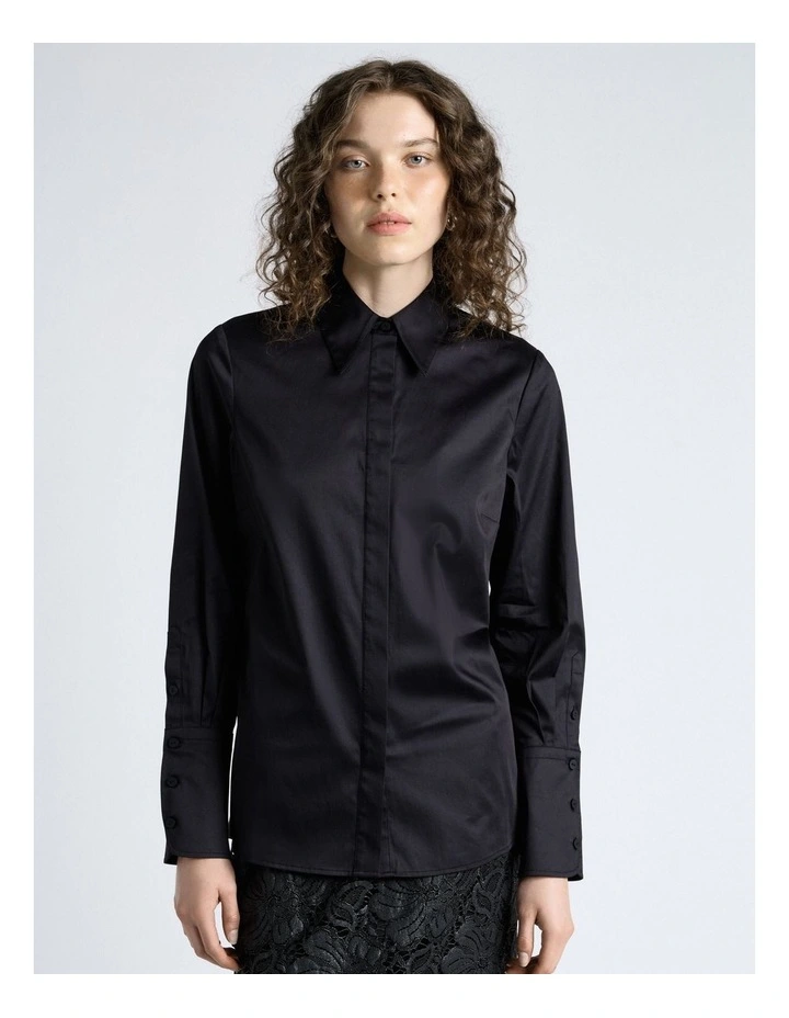 Topstitched Cotton Shirt in Black image 1