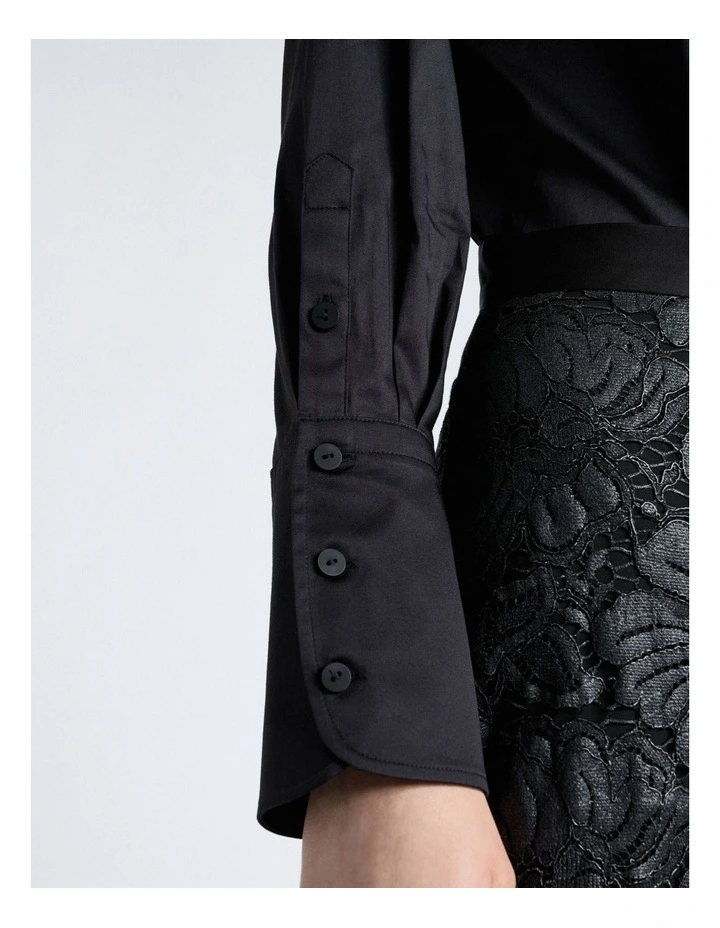 Topstitched Cotton Shirt in Black image 3