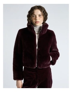 Merlot Faux Fur Cropped Jacket in Merlot