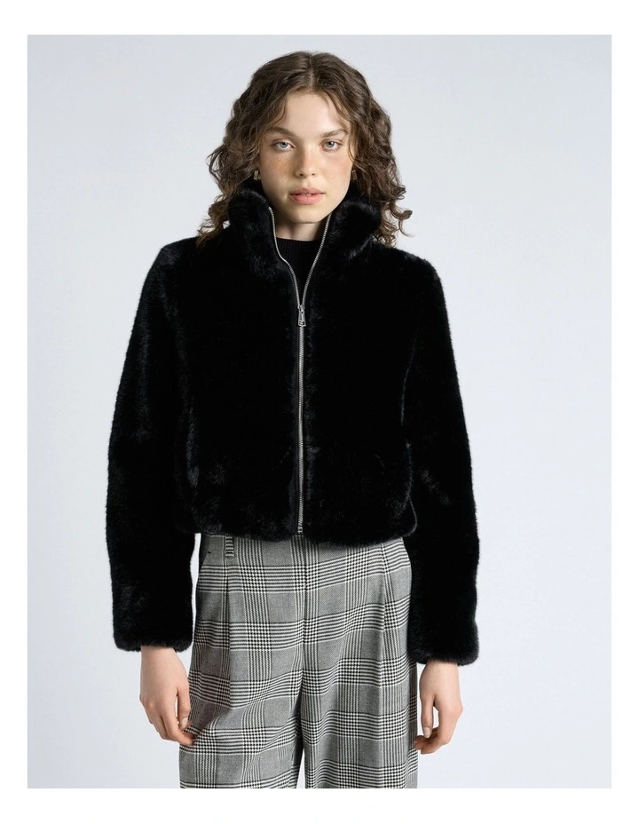 Faux Fur Cropped Jacket in Black image 1