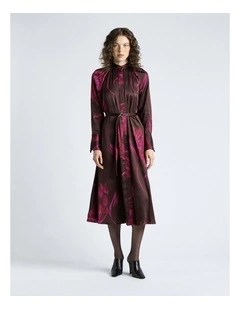 Chocolate Oversized Floral Belted Midi Dress in Brown