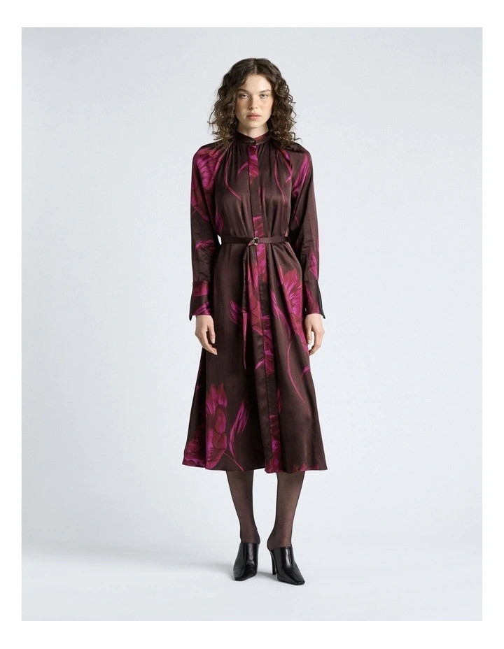 Chocolate Oversized Floral Belted Midi Dress in Brown image 1