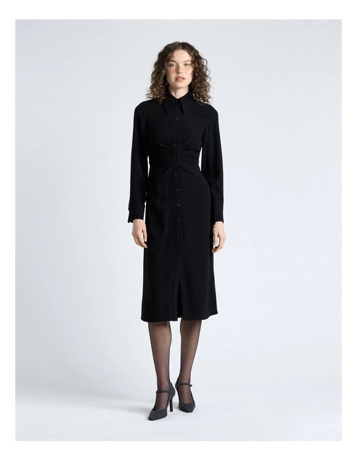 Crepe Ruched Shirt Dress in Black image 1