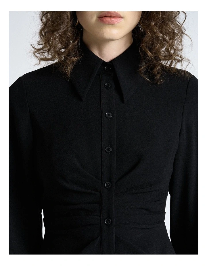 Crepe Ruched Shirt Dress in Black image 3