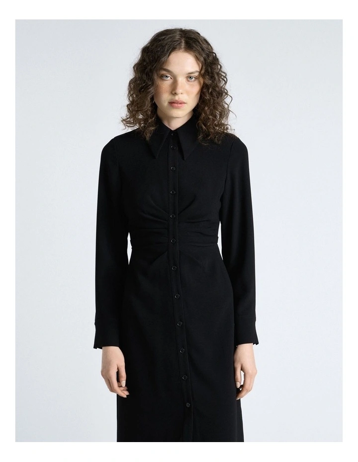 Crepe Ruched Shirt Dress in Black image 5
