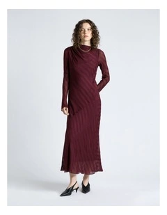 Self Stripe Gathered Midi Dress in Plum